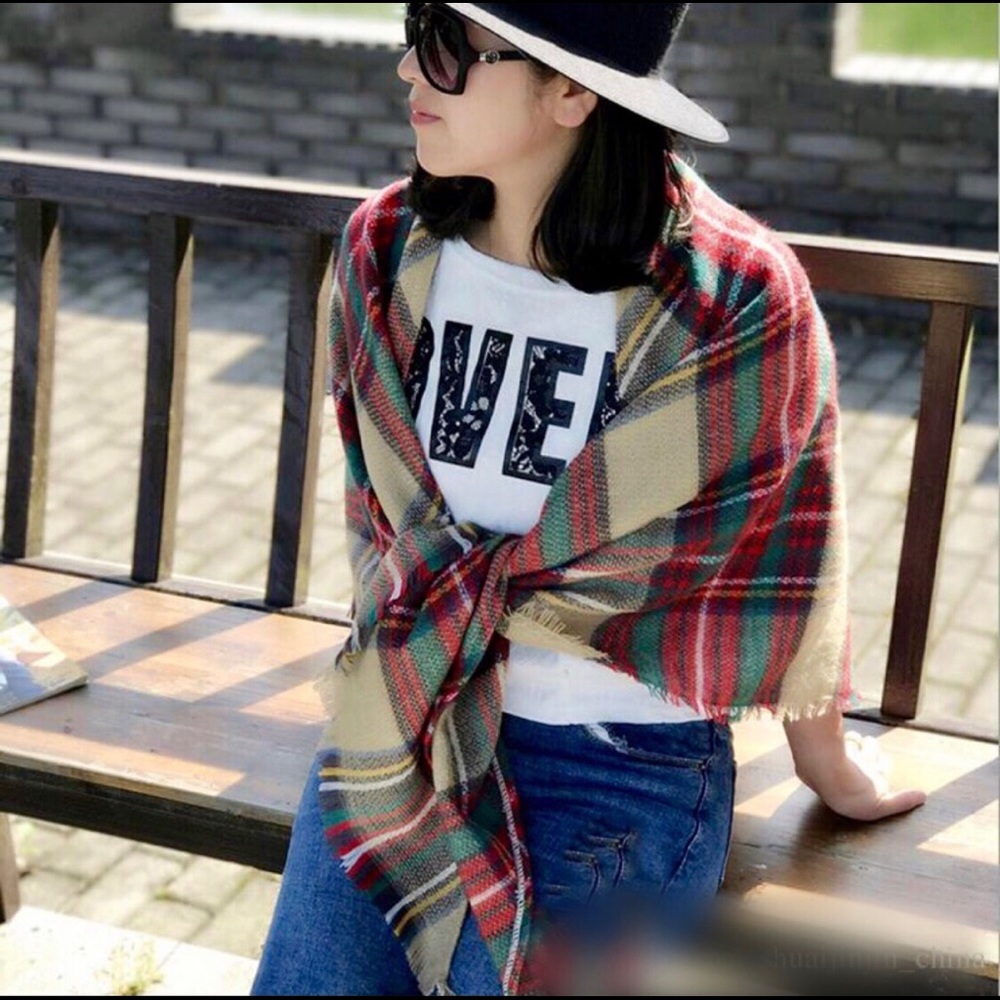 "Sophie" Cashmere Plaid Triangle Blanket Scarf - Picture 5 of 7